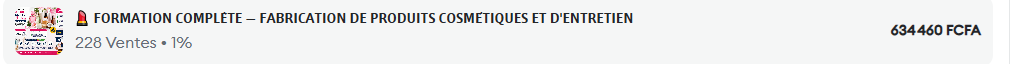 Guide pratique pour la FABRICATION DE PRODUITS COSMÉTIQUES ET D’ENTRETIEN. Un guide à fort potentiel : j’ai généré 73 000FCFA en 8 jours avec ce produit. Le prix d’aujourd’hui vous donne droit au guide et à la vidéo pour tout lancer de suite.
