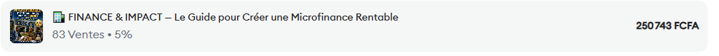 💰 Guide pratique pour OUVRIR UNE MICROFINANCE. Un guide à fort potentiel : j’ai généré 92 000FCFA en 3 semaines avec ce produit. Le prix d’aujourd’hui vous donne droit au guide et à la vidéo pour tout lancer de suite.