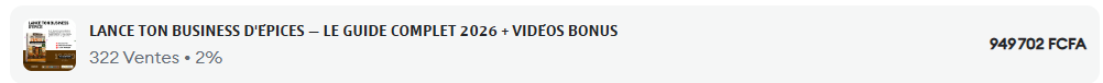 Guide pratique pour LANCER TON BUSINESS D’ÉPICES. Un guide à fort potentiel : j’ai généré 67 000FCFA en 9 jours avec ce produit. Le prix d’aujourd’hui vous donne droit au guide et à la vidéo pour tout lancer de suite.