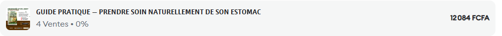 🥗 Guide pratique pour PRENDRE SOIN DE SON ESTOMAC. Un guide à fort potentiel : j’ai généré 9000FCFA en 7 jours avec ce produit. Le prix d’aujourd’hui vous donne droit au guide et à la vidéo pour tout lancer de suite.